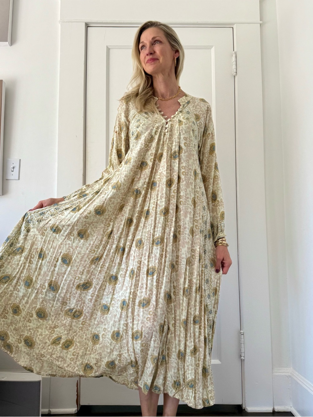 Natalie Martin Cream Maxi Dress with Sage Blue Floral Print